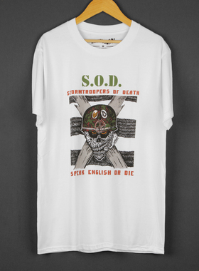 SOD Speak English Or Die硬核激流摇滚乐队纯棉短袖宽松骷髅T恤