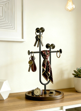实木桌面装饰摆件钥匙收纳挂架入户门玄关柜台置物架复古首饰托盘