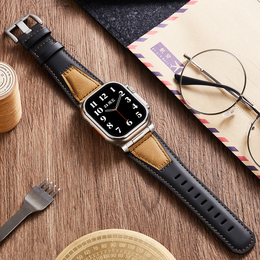 适用苹果手表S10代Apple Watch Ultra2头层牛皮iwatch9表带iPhone