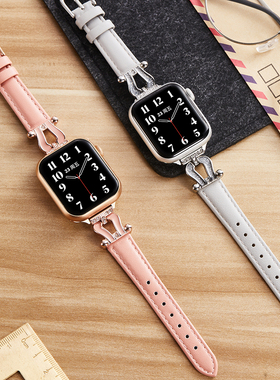 适用苹果手表AppleWatch S10表带iwatch987654代真皮表带马蹄扣女