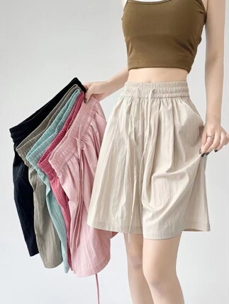 Ice Silk Yamamoto Wide-Leg Five-Point Shorts for Women, Summer Thin High-Waisted Cool Shorts That Cover the Body, Loose Casual Mid-Length Pants