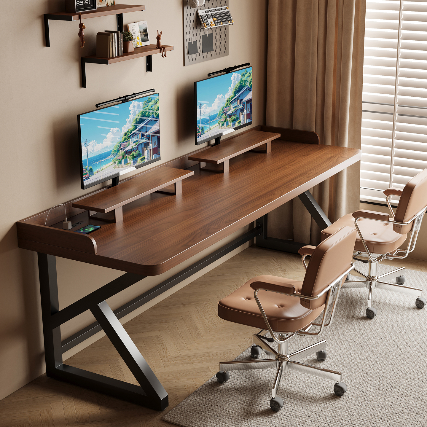 带围挡实木电脑桌家用双人书桌卧室长条桌书房办公桌电竞桌工作台