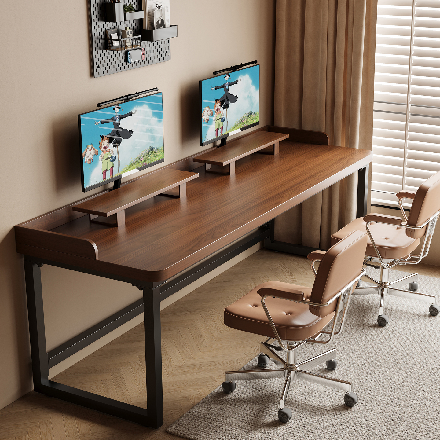 带围挡实木电脑桌家用双人书桌卧室长条桌书房办公桌电竞桌工作台