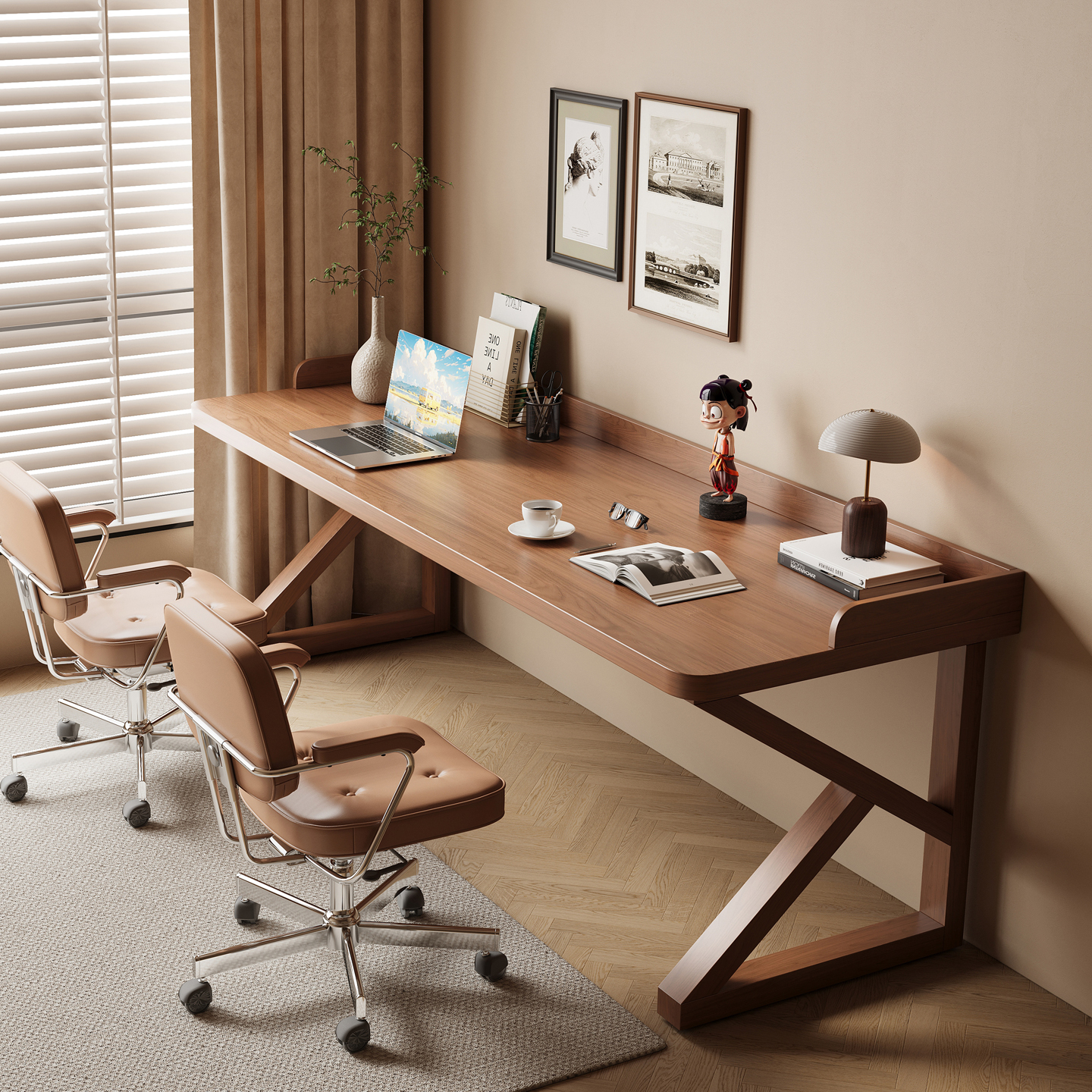 全实木双人书桌带围挡家用长条桌卧室写字桌中古风电脑桌办公桌