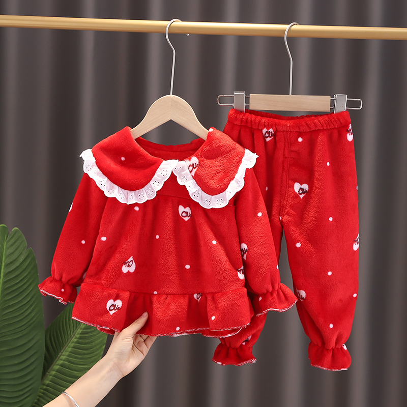 儿童法兰绒睡衣小女孩套装春秋女童珊瑚绒加厚款中大童公主家居服