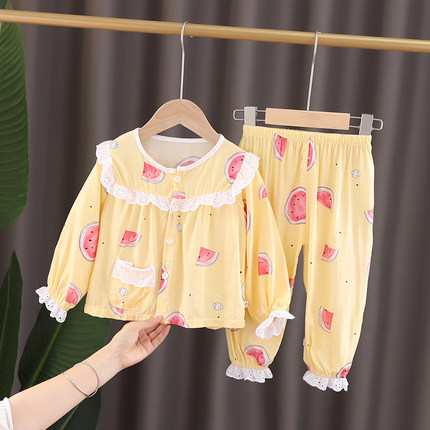 女童睡衣春秋夏季儿童薄款绵绸棉绸印花小孩中小童宝宝家居服套装