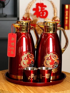 婚庆结婚红色保温壶彩印龙凤喜字壶暖水瓶304不锈钢内胆热开水壶