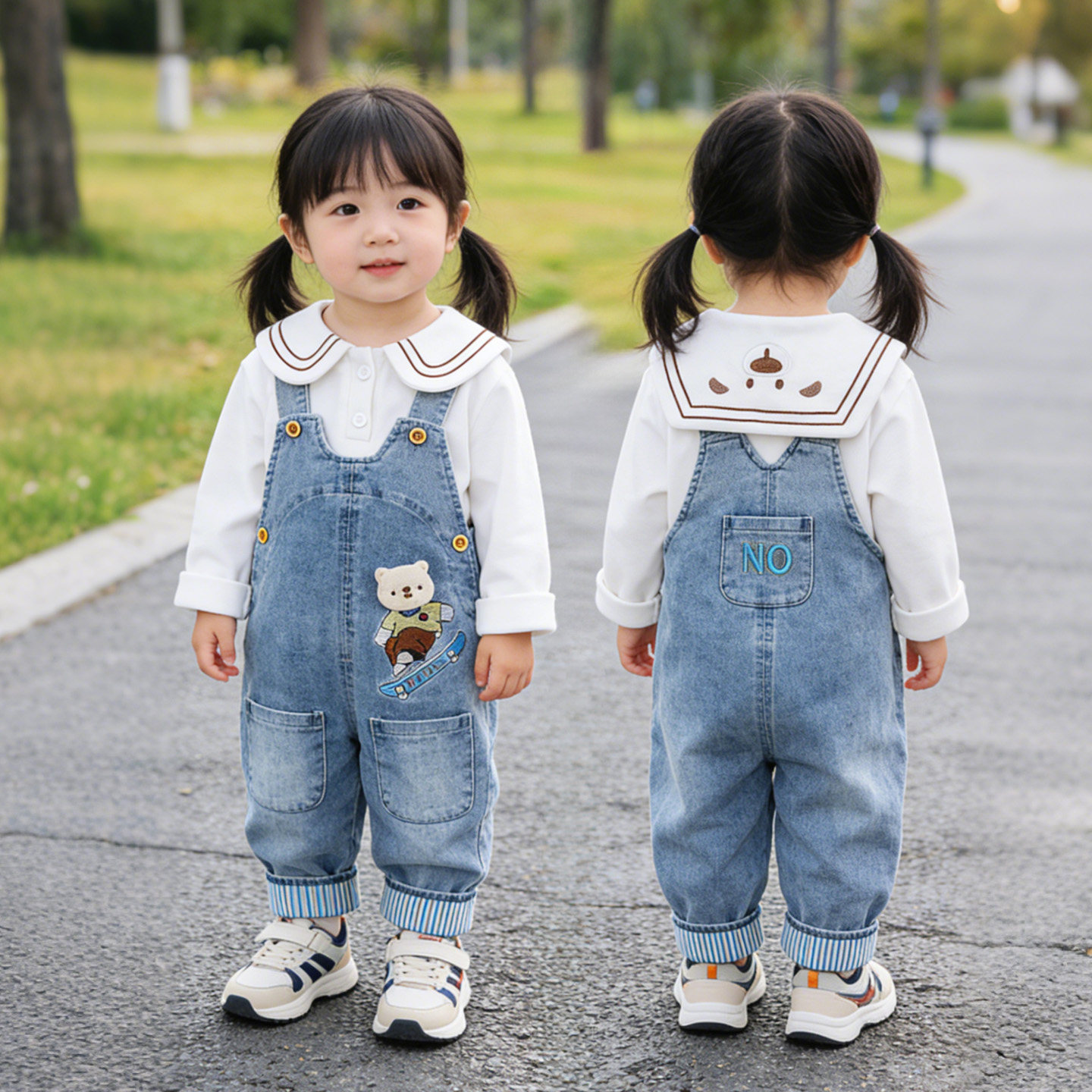 26新款春秋婴幼儿男女童牛仔可开档宝宝背带裤男1岁2岁长滑板小熊