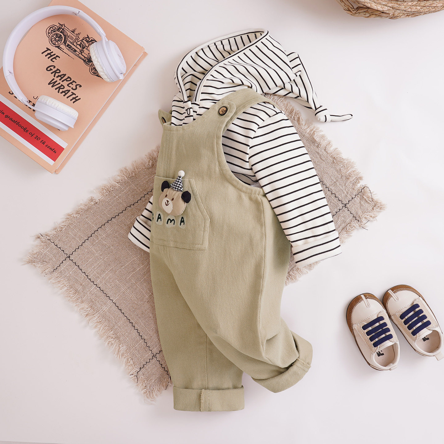 2025新款彩棉婴儿背带裤洋气可爱男童连体裤宽松可开档