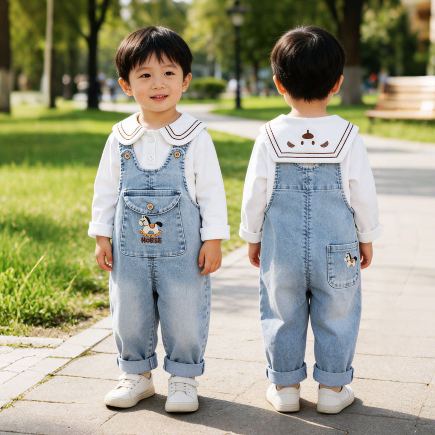 新款男女童弹力牛仔婴幼儿可开档宝宝背带裤子婴幼儿卡通可爱长裤