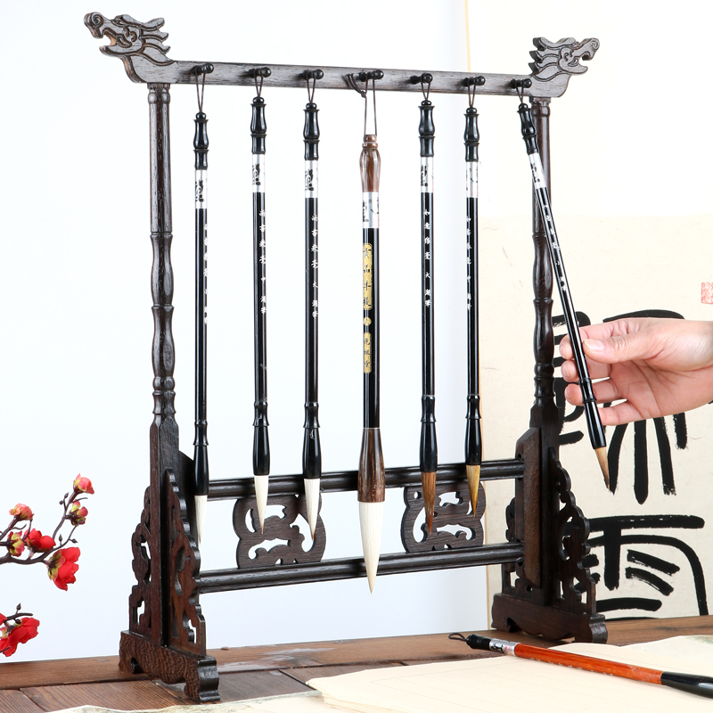 光祖鸡翅木毛笔笔架实木旺文昌毛笔7支笔笔挂套装大毫笔金榜题名