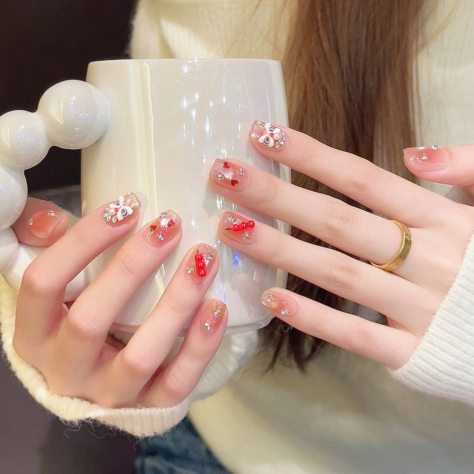 云皙腮红闪钻猫眼醒狮新年穿戴甲手工短款美甲轻奢高级感指甲贴片,彩妆/香水/美妆工具,穿戴甲/甲片,淘宝优惠券,粉丝福利购,淘宝优惠卷