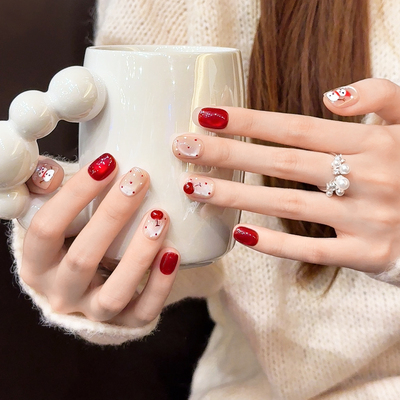 圣诞雪人手工穿戴甲短款新年红色