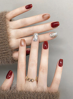 琥珀手工穿戴甲秋冬款高级感红色新年美甲成品指甲贴片2023年新款