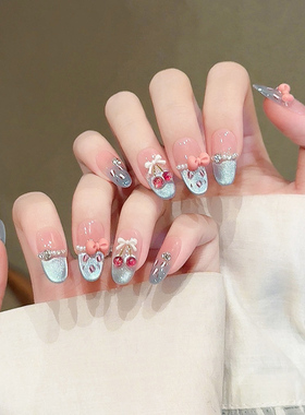 云皙冰蓝镶钻樱桃手工穿戴甲高级感2025新款成品猫眼指甲贴片美甲