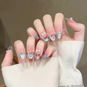 云皙冰蓝镶钻樱桃手工穿戴甲高级感2026新款成品猫眼指甲贴片美甲