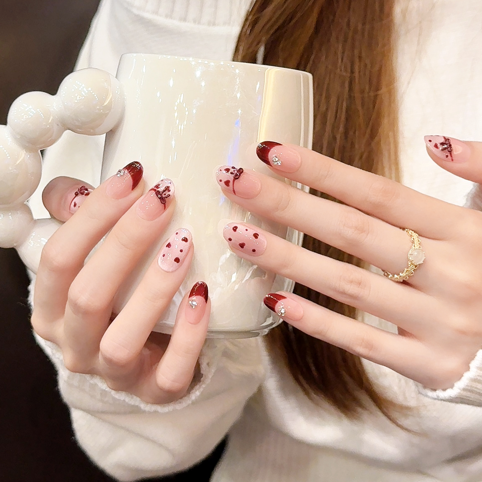 爱心蝴蝶结猫眼穿戴甲2026新年