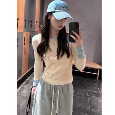 毛衣秋冬女可外穿内搭圆领高级感复古撞色上衣女冬季加厚打底衫女