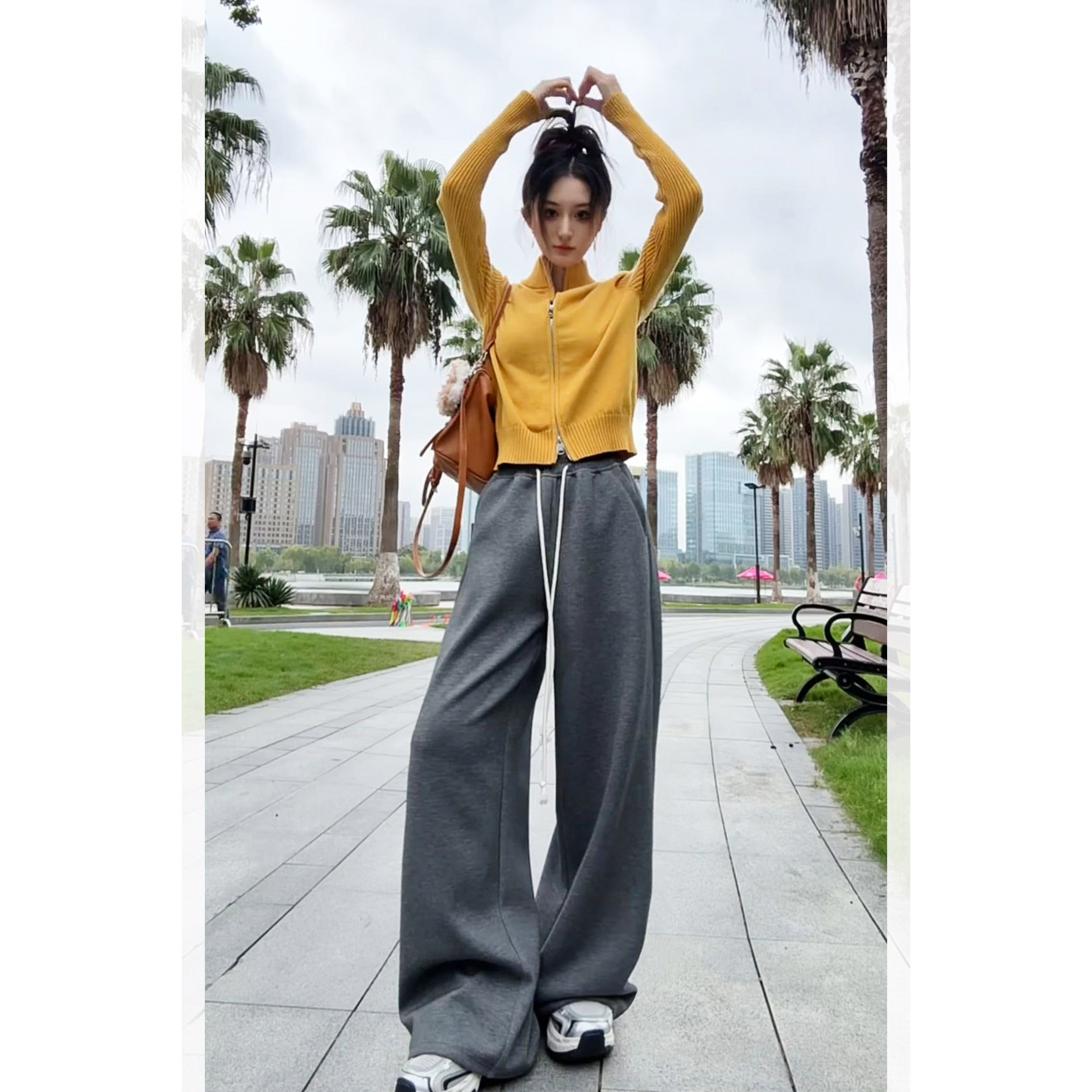 欧美风阔腿裤女款秋冬2025新款加厚保暖运动裤女抽绳宽松慵懒垂感