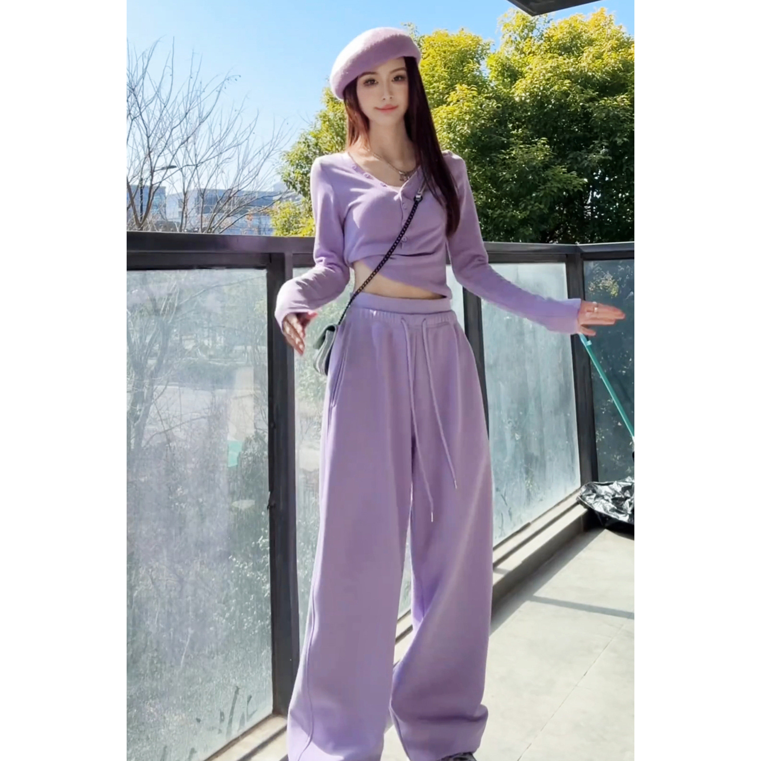 设计感紫色休闲裤女春季2026新款拼接腰窄版时尚运动裤女束脚裤女