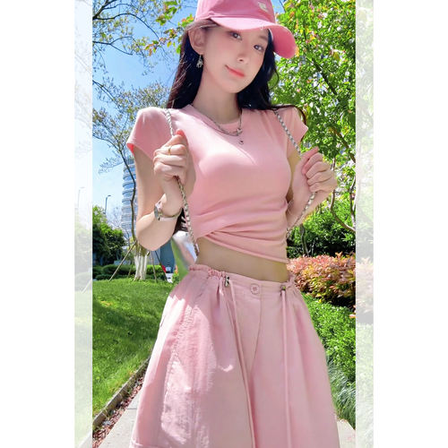 蜜橘色巨好看上衣女夏季圆领短袖T恤女修身上衣女辣妹小众设计感