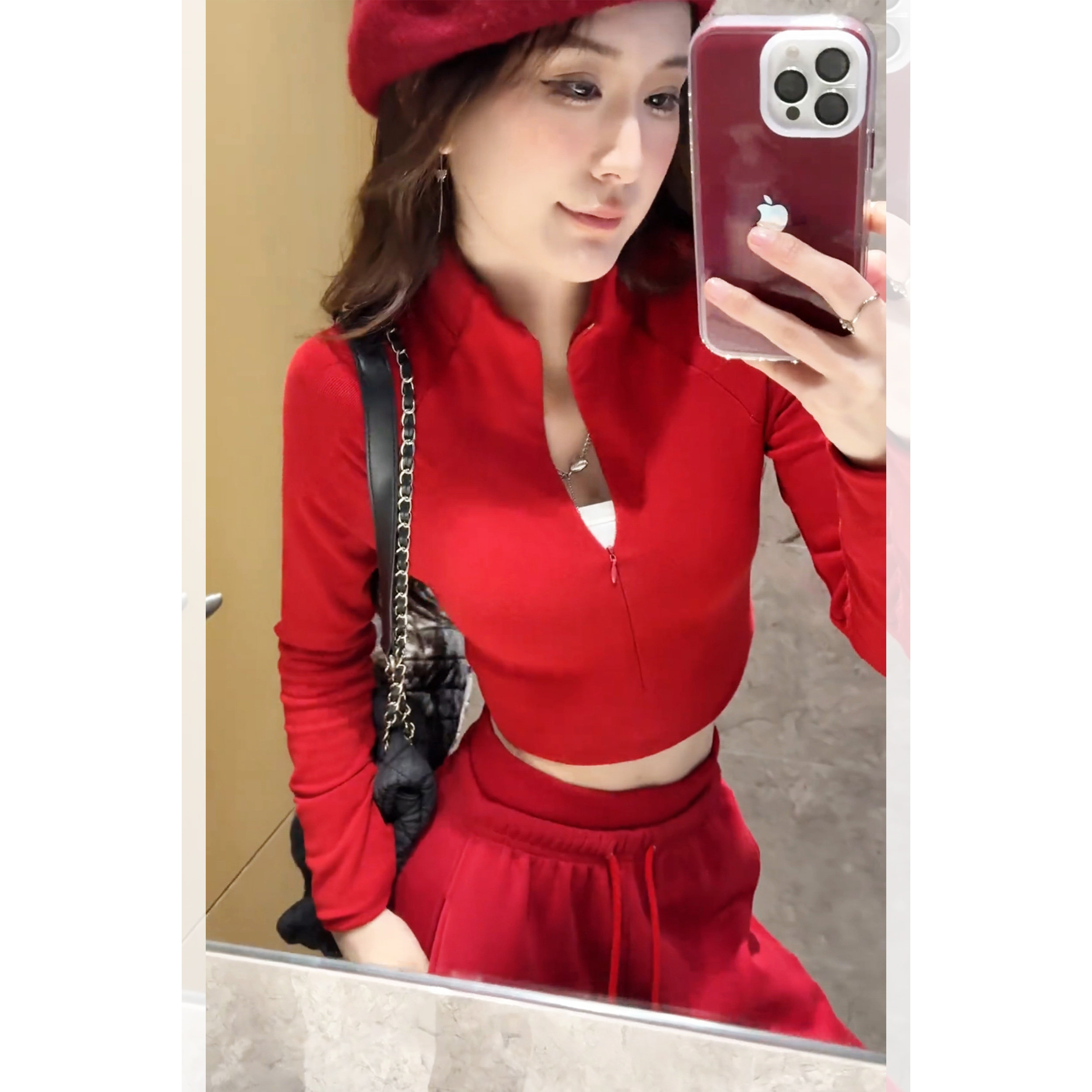 红色本命年修身上衣女秋冬2026新款仿羊绒显瘦打底衫女半拉链内搭,女装/女士精品,T恤,淘宝优惠券,粉丝福利购,淘宝优惠卷