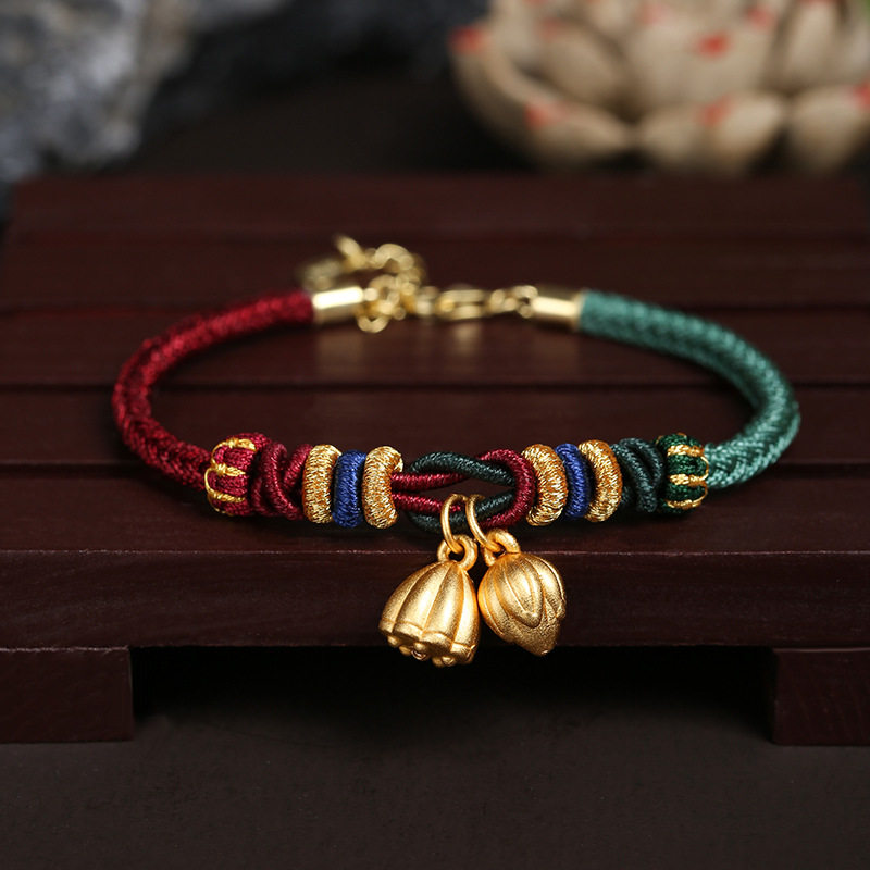 s999足银莲蓬手工编织手绳如意莲花手链红绳五彩绳女款寓意饰品