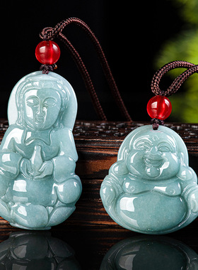 天然A货翡翠蓝水中号观音佛像吊坠挂件饰品男女款冰种玉石挂饰