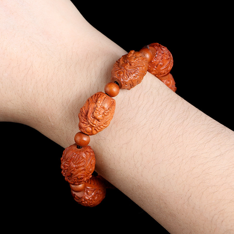 NATURAL HAND-CARVED MAHOGANY SPIT DRAGON BRACELET WOOD CARVING DOMINEERING FAUCET CULTURAL PLAY HAND BEADS HOLIDAY GIFTS