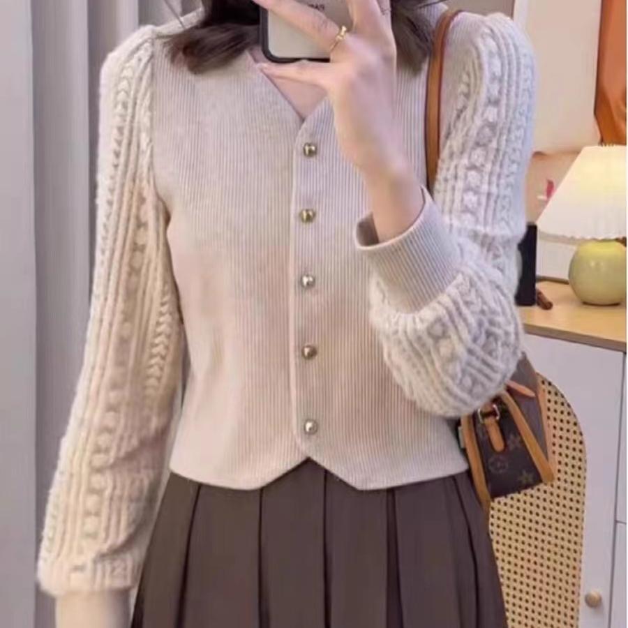 v领长袖拼接法式针织衫