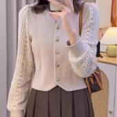 设计气质减龄百搭上衣蕾丝 新款 秋冬加绒长袖 镂空打底洋气针织衫