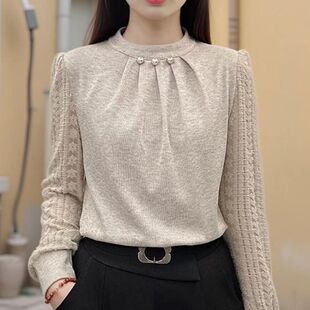 2025秋冬厚款加绒设计感衬衫女遮肚洋气拼接针织打底衫长袖上衣女