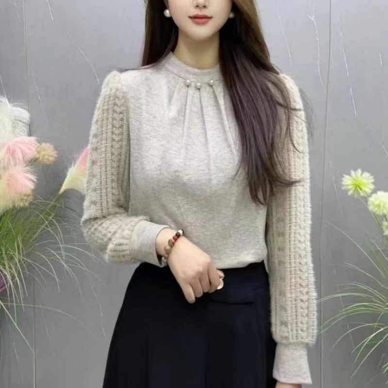 秋冬季新款加绒打底衫女气质上衣蕾丝衫/雪纺衫
