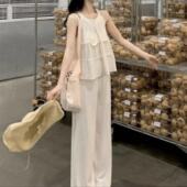 新款 女夏季 韩版 圆领无袖 女 时尚 上衣高腰宽松直筒阔腿裤 套装