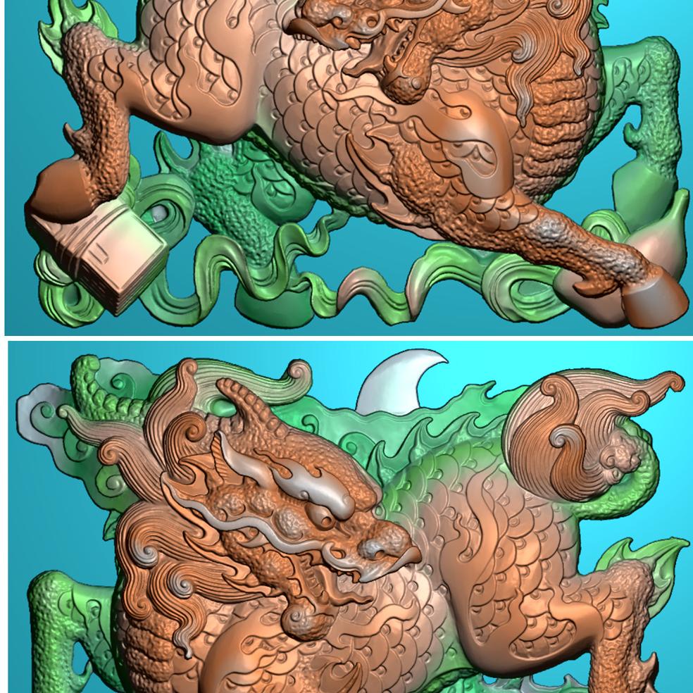 精雕图 浮雕图 BMP JDP格式 深雕一对扫描单麒麟横屏