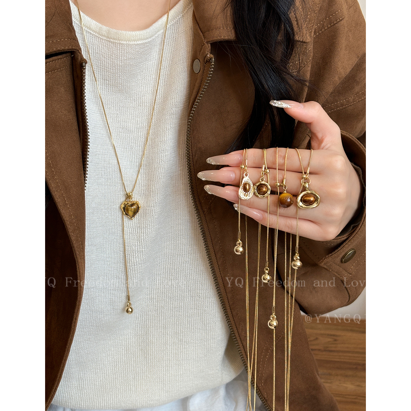 太阳花爱心虎眼石项链女复古美拉德长款毛衣链轻奢高级感秋冬配饰