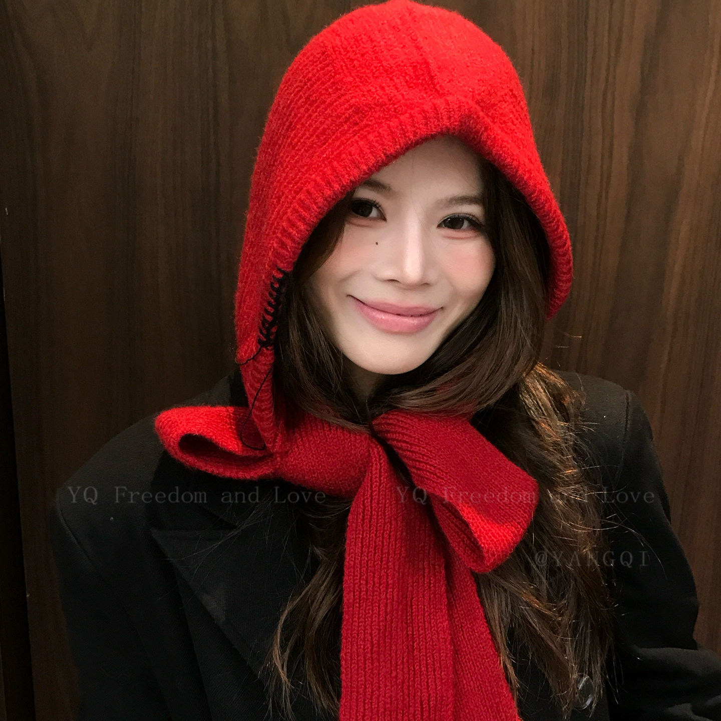 新款！红色巴拉克拉法帽女秋冬保暖针织毛线帽子围巾一体圣诞围脖