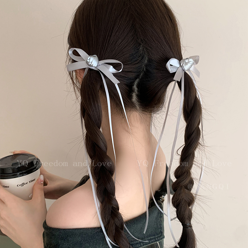 芭蕾风银色花朵蝴蝶结飘带发夹女