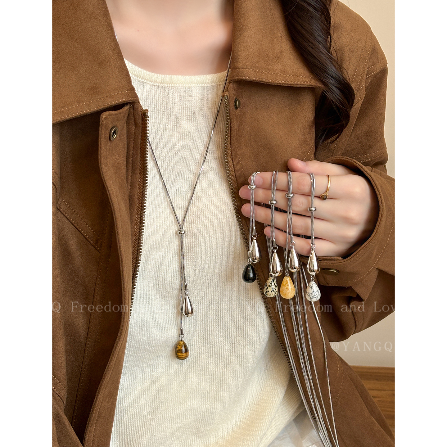 虎眼石水滴抽拉项链女2025新款轻奢小众设计感配饰秋冬长款毛衣链