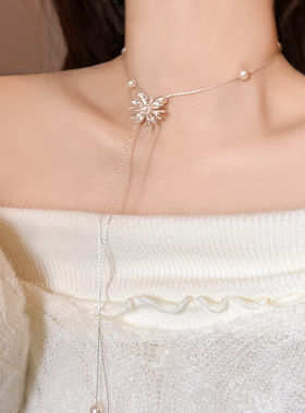 韩系烟花珍珠流苏长款毛衣项链