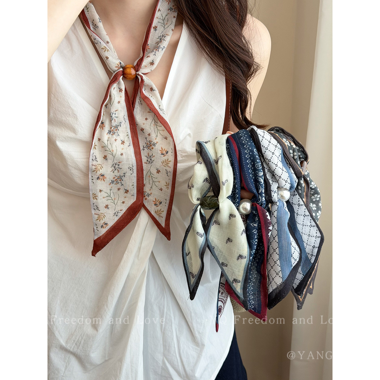 法式老钱风碎花抽拉系脖丝巾项链女士高级感长条领巾搭配衬衫配饰