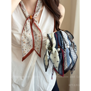 法式 配饰 老钱风碎花抽拉系脖丝巾项链女士高级感长条领巾搭配衬衫