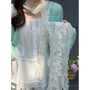 春日仙品!韩系浪漫蕾丝花朵丝巾女百搭氛围感长条飘带高级感配饰