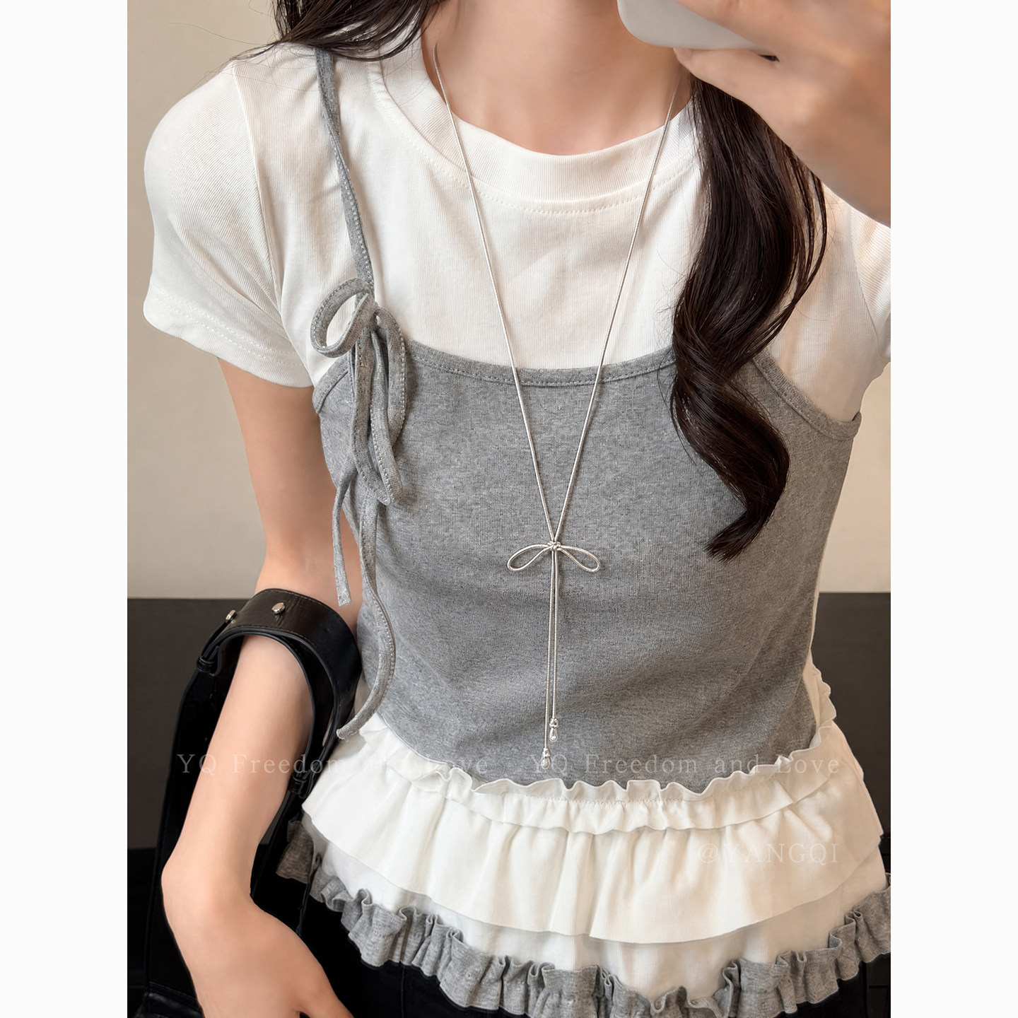 韩女挚爱！韩系银色蝴蝶结吊坠项链女搭配衣服t恤配饰长款毛衣链