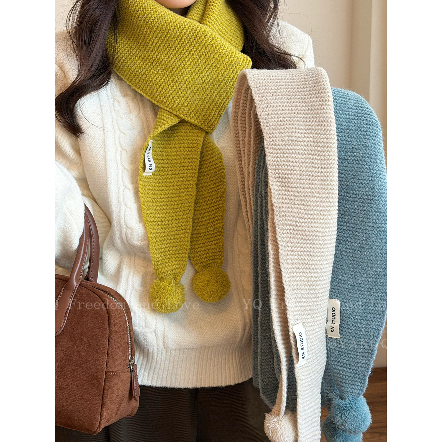 韩单新款！韩系纯色球球针织围巾女款2025新款冬加厚学生保暖围脖