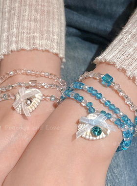 小清新蓝色水晶珍珠串珠手串女夏季新款高级感贝壳手链显白手饰品