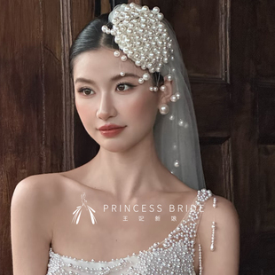 新品手工珍珠头纱新娘婚纱礼服头饰结婚饰品旅拍外景写真拍照头饰