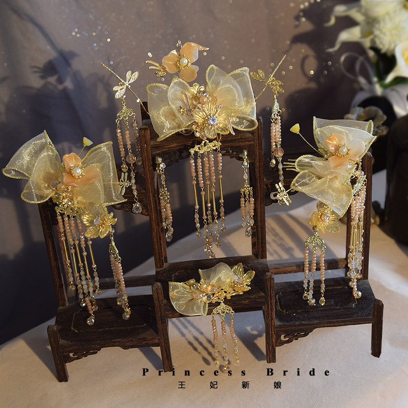 新款中式香槟色琉璃花朵蝴蝶结减龄少女风古典汉服秀禾服新娘头饰