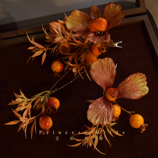 新品新娘发簪古风中式橘黄色仿真石榴花朵发夹套装金色秀禾服配饰