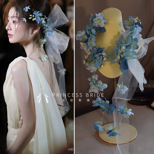 新品蓝色花朵头饰森系花环带纱气质新娘晨袍仿真花造型旅拍发饰品